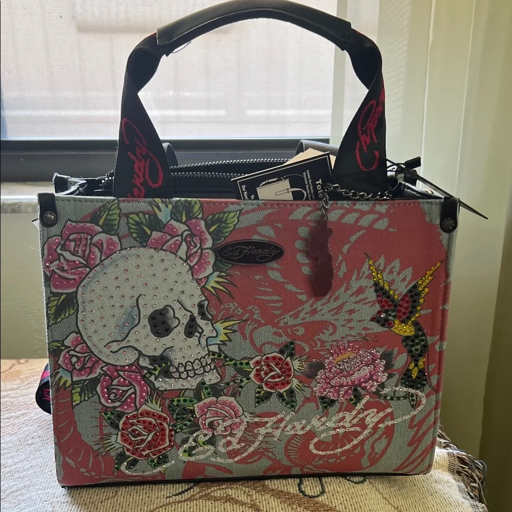 #1025+ Ed Hardy Pink and Gray Skull Tote Bag & Wallet - Picture 7 of 13